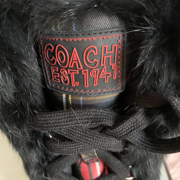 COACH JENNIE SIGNATURE "C" PLAID WITH RABBIT FUR TRIM BOOTIE BOOTS - Picture 3 of 12